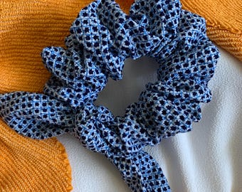 Kimono Scrunchie | Japanese Fabric Hair Accessory | Shibori Indigo Blue + Sky Blue + White | Cute Hair Accessory | Upcycled Vintage Kimono