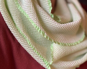 Silk Infinity Scarf | Shibori Dyed Fabric | Japanese Kimono Obiage Tie Died | Mint Green White | Sparkle Green Tip | Vintage Obi Age Cloth