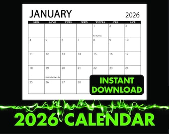 Druckbarer Kalender 2026, Monatsplaner Landschaft, Minimaler Monatskalender 2026 druckbar, Sonntag Start Brief Wandkalender Download