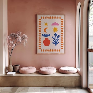 Lámina de arte popular bohemio: póster de jarrón celestial, arte mural abstracto de sol, luna y estrellas, decoración escandinava imprimible, arte mural imprimible