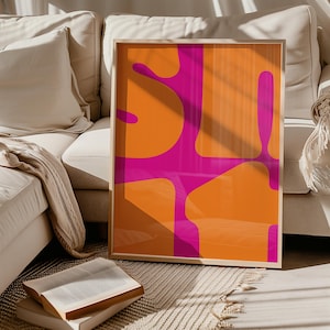 Groovy Abstract Wall Art – Retro Orange & Magenta Print, Bold Modern Digital Poster, Mid-Century Style Decor, Typographic Wall Art