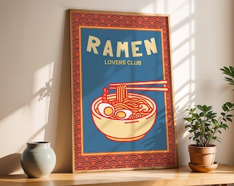 Póster imprimible del Club de Amantes del Ramen / Arte retro de comida japonesa / Decoración de pared para la cocina