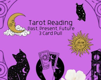 May include: A purple background with the words "Tarot Reading" and "Past, Present, Future 3 Card Pull". The image includes illustrations of a crescent moon, sun, owl, cat, tarot cards, a flower, and a clock.