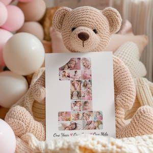 Collage de fotos de primer cumpleaños número 1 / Regalo de primer cumpleaños para niña / Póster editable en Canva / Recuerdo imprimible / Tamaños: 24 x 36 a 4 x 6
