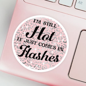 May include: A pink and silver glitter sticker with a leopard print background. The sticker says "I'm Still Hot It Just Comes In Flashes".