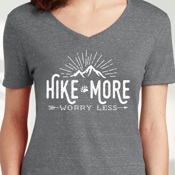 Hiking Shirt ~ Hike More Worry Less Ladies' V-Neck T-Shirt- adventure camping shirt, outdoors, wanderlust shirt, arrows, women's v-neck