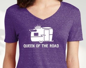 Queen of the Road Women's V-Neck, Glamping shirt, camping, vacation shirts, vintage travel trailer, camping shirts, graphic tees, camper