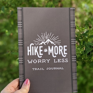 Hike More Worry Less Trail Journal Notebook | Hiking Journal | hiker's journal trail log, brown plaid, travel size, hiking gear, backpacking