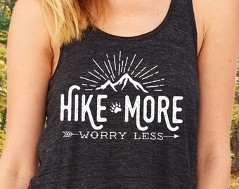 Hiking Shirt, Hike More Worry Less Ladies tank top, mountains, workout tank, camping, vacation shirt, racerback, wanderlust, hiker, summer