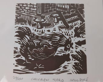 Will Dyke Chicken Yard #29/100 Limited Edition Linocut Woodcut Print Sussex UK Artist Chicken Decor United Kingdom Artist Signed