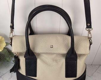 Kate Spade New York Southport Avenue Convertible Tote Buttermilk & Black | Beige Ivory Black Leather Handbag Top Handle Shoulder Bag