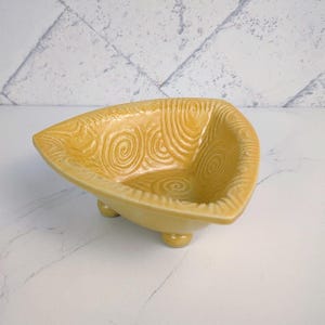 1980s Colorful Geometric Design Triangle Footed Bowl Trinket Dish Swirl Pastel Yellow Signed ASH