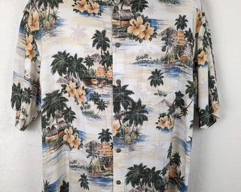 Vintage 80s Hawaiian Shirt, Mens Large, Aloha Tiki Tropical, Hibiscus, Island Wear, Button Down, 1980s, Easy Care Rayon, Hawaii, Palm Trees