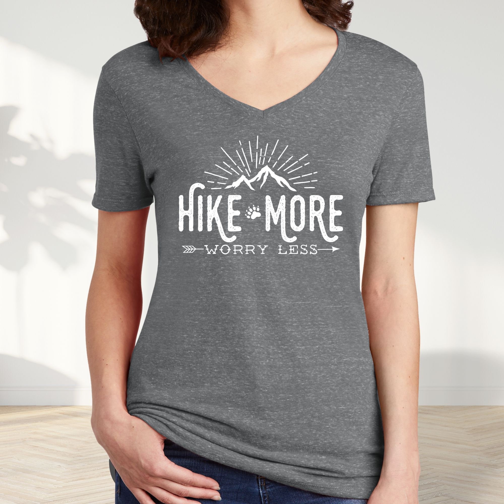 Hiking Shirt ~ Hike More Worry Less Ladies' V-Neck T-Shirt- adventure camping shirt, outdoors, wanderlust shirt, arrows, women's v-neck