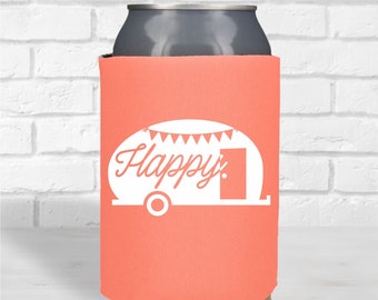 Happy Camper Can Cooler - Adventure, camping, vintage camper, trailer, travel, wander drink cooler, can holder
