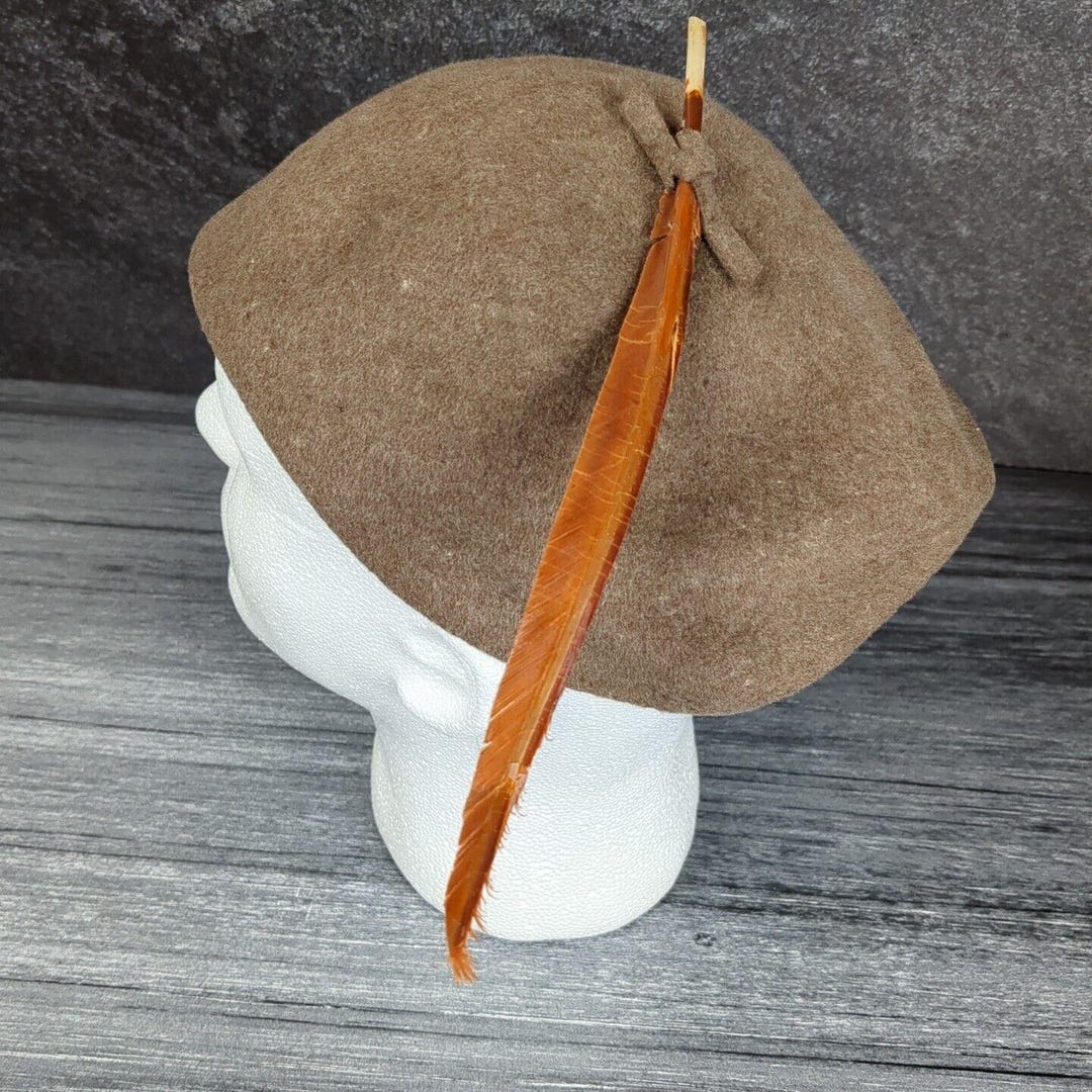 Wool Beret Brown Tweed Antique 1950s Feather Hat Neumann  display picture 3