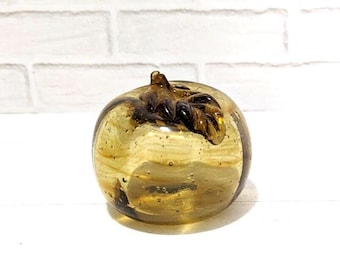 Amber Bubble Glass Apple Handmade Art Paperweight MCM Pumpkin Leaf Blown Glass