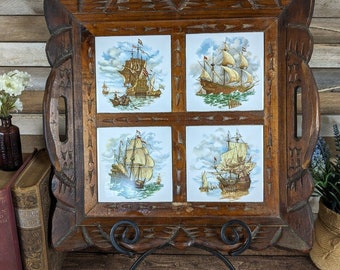 Vintage Nautical Carved Wood & Tile Rustic Serving Tray, Wall Decor, Old World Sailing Ships, Mexican Tiles, Barware, 1960s 1970s