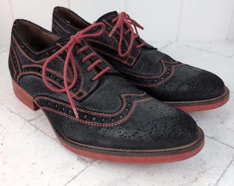 Donald J Pliner Emeri Black & Red Wingtip Leather Oxford Shoes Sz 8M | Retro Rockabilly Dress Shoes | Two-Tone Vintage Style Men's Shoes
