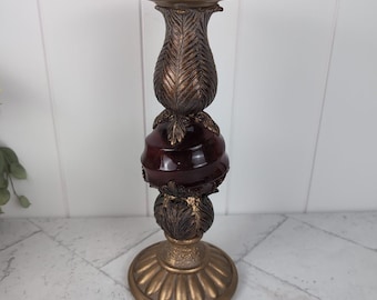 Gold Acanthus Leaf Candlestick Holder with Red Accent Ball  12 Baroque Style Candle Holder, Vintage Glam Home Décor