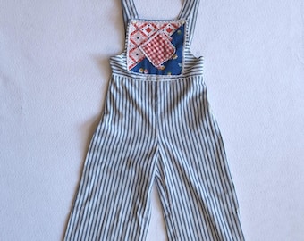 Vintage 1970s Put Ons by Ruth Eib Striped Patchwork Bib Overalls | Hippie Boho Overalls | Women's Small Medium | Retro 70s Clothing