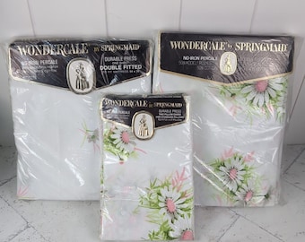 Vintage 1970s Springmaid Wondercale Pink Fresh Daisies Double Sheet Set Pillow Cases Full Size MCM Bedding Linens Floral Daisy Grannycore