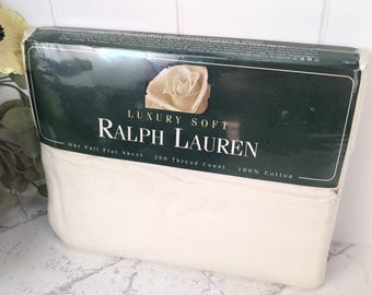 Vintage Ralph Lauren Luxury Soft Cotton Full Flat Sheet Classic White Bedding | Timeless Cottage, Traditional, Farmhouse, Minimalist Décor