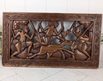 Vintage African Hunting Carved Wooden Sculpture Decorative Wall Hanging Plaque | Primitive Tribal Art circa 1970-80's Hunters Gazelle