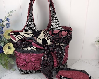 Lollie Posh Bling Floral Fuchsia Hot Pink & Black Handmade Handbag – Fabric Tote Shoulder Bag – Rockabilly, Maximalist Fashion Purse