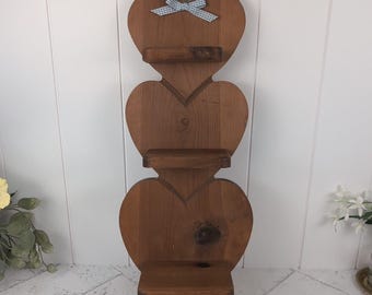 Vintage Solid Wooden Heart 3-Tier Hanging Shelf with Bow — Tchotchke Display Rustic Country Cottagecore Hearts Grannycore Cottage Decor