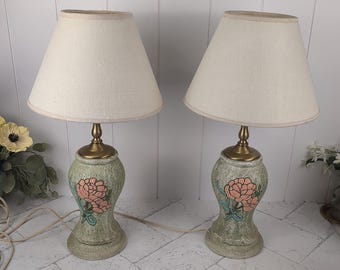 Pair of Vintage Midcentury Ceramic Table Lamps — Light Green Floral Vase Shape w/ Clip-On Shades | Cottagecore Home Decor Lighting