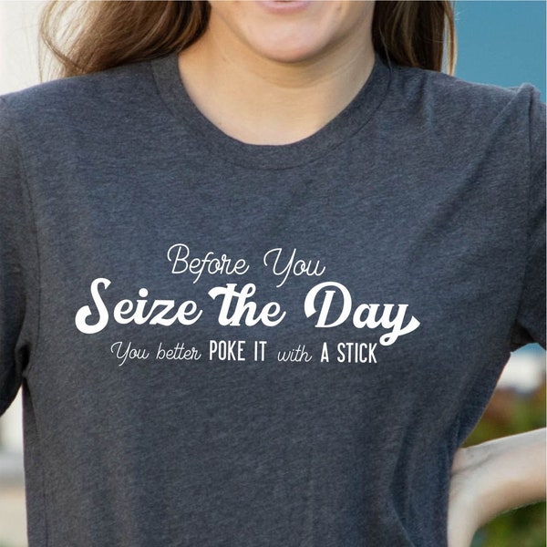 Before You Seize The Day Better Poke It With A Stick t-shirt, not a morning person, funny shirts, sarcastic, introvert, introverting