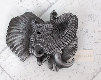 Vintage Pewter Elephant Belt Buckle – Signed Dotty Smith 1970s Artisan Boho Western Accessory