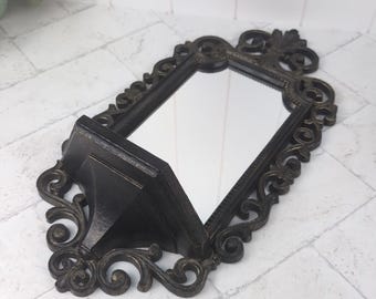 Vintage Black Gold Wall Mirror Shelf MCM Midcentury Gothic Hollywood Regency Rococo Baroque Wall Mirror 21" Tall Dart Industries