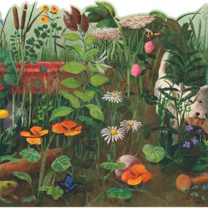 May include: A colorful illustration of a garden scene with a variety of flowers, plants, and insects. A white dog peeks out from behind the foliage, holding a toy. A baseball and a frog are also visible.
