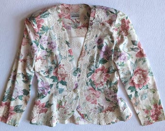 Leslie Fay 1990s Floral Brocade Blazer with Bib Front & Shoulder Pads Ivory Pink Lavender Lace Jacket | Cottagecore Coquette Grandmillennial