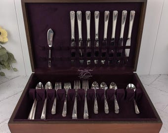 Vintage Oneida Prestige BORDEAUX 1945 Silverplate Flatware Silverware 50 Pieces + Storage Box Service for 8 Midcentury Modern Heritage Style