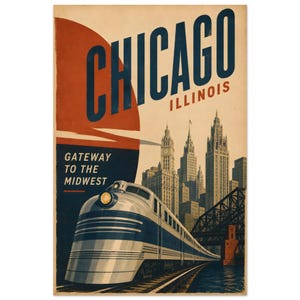 May include: A vintage-style travel poster featuring a streamlined passenger train moving toward a Chicago skyline. The text reads CHICAGO ILLINOIS and GATEWAY TO THE MIDWEST. The color palette includes deep blue, cream, and a large burnt orange sun.