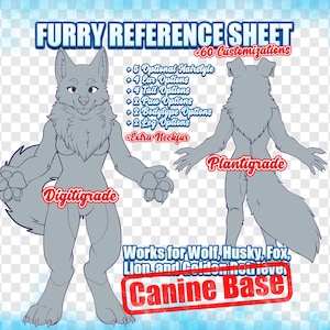 May include: A furry reference sheet with a wolf-like character in front and back views. The sheet includes options for hairstyles, ears, tails, paws, body types, and legs. Text includes "Furry Reference Sheet" and "Canine Base".