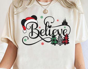 Disney Believe Christmas Shirt, Mickey Santa Hat Plaid Tree Sweatshirt, Merry Magic Kingdom Holiday Tee, Family Matching Vacation Gift