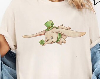 Dumbo St Patricks Day Shirt, Lucky Flying Elephant Sweatshirt, Vintage Watercolor Shamrock Tee, Cute Animal Lover Gift, Baby St Paddy Outfit