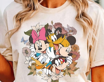 Retro Mickey And Friends Floral T-shirt, Disney Mickey Minnie Shirts, Birthday Gift Tee, Disney Matching Shirt, Disneyland Family Trip Shirt