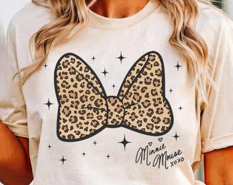 Camiseta retro con lazo de leopardo de Minnie de Disney, camiseta a juego para vacaciones de Disney, camisetas de regalo de cumpleaños, camiseta de Disneyworld, camiseta de viaje familiar a Disneyland