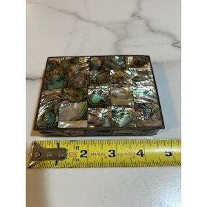 Vintage Abalone Shell Brass Trinket Box Hecho En Mexico Wood Lined Jewelry Case