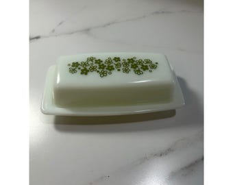 Vintage Pyrex Crazy Daisy Spring Blossom Green Milk Glass Butter Dish with Lid