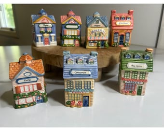 Vintage Avon Ceramic Spice Jar Set Village House Cottage Collection 7 Pieces