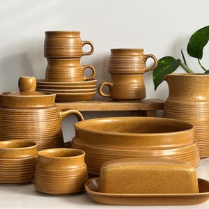 Vintage Denby-Langley CANTEBURY Stoneware Set | MCM Tea and Coffee Set in Mustard Yellow, Designed by Gill Pemberton, England
