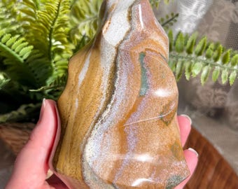 Sea Jasper Flame, Polished Jasper Crystal, Unique Multicolor Stone Carving, Natural Madagascar Crystal Decor, Crystal Gift