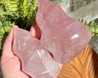 Gemmy Rose Quartz Flame with Golden Healer, Crystal Flame, Natural Polished Madagascar Quartz, Collectible Crystal Gift