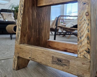 Handcrafted Solid Wood Stool: Rustic Farmhouse Bench. Antique inspired.
